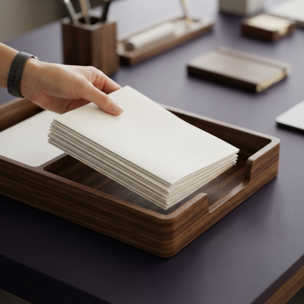 Hands placing organized documents into a wooden tray