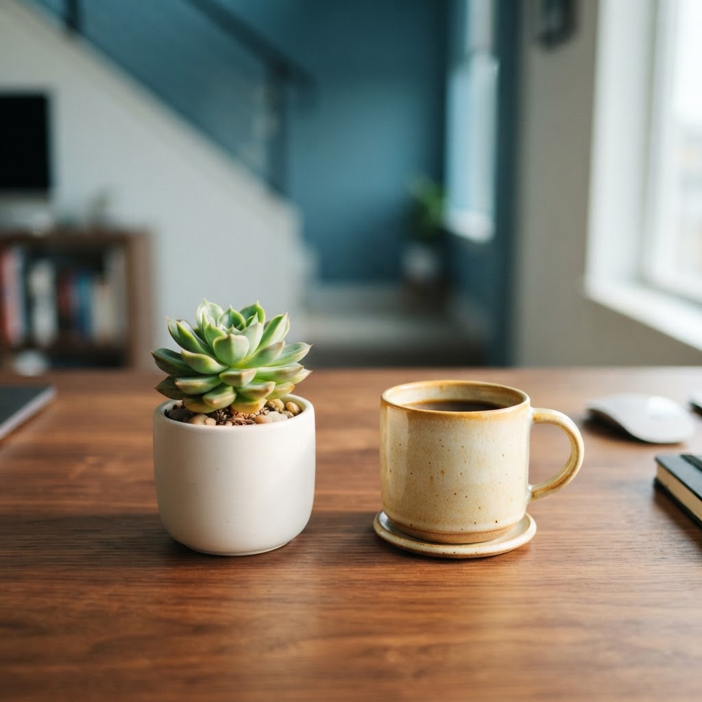 Clean minimalist desk with succulent and coffee mug