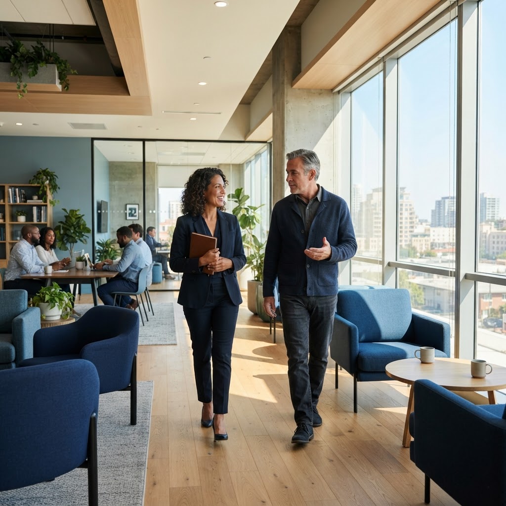 Two colleagues walking in a sunlit office building