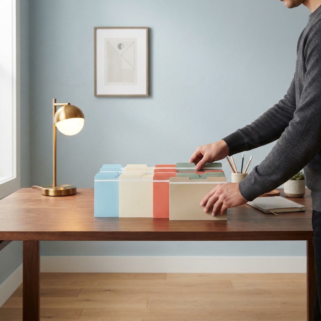A neat stack of organized files on a minimalist desk
