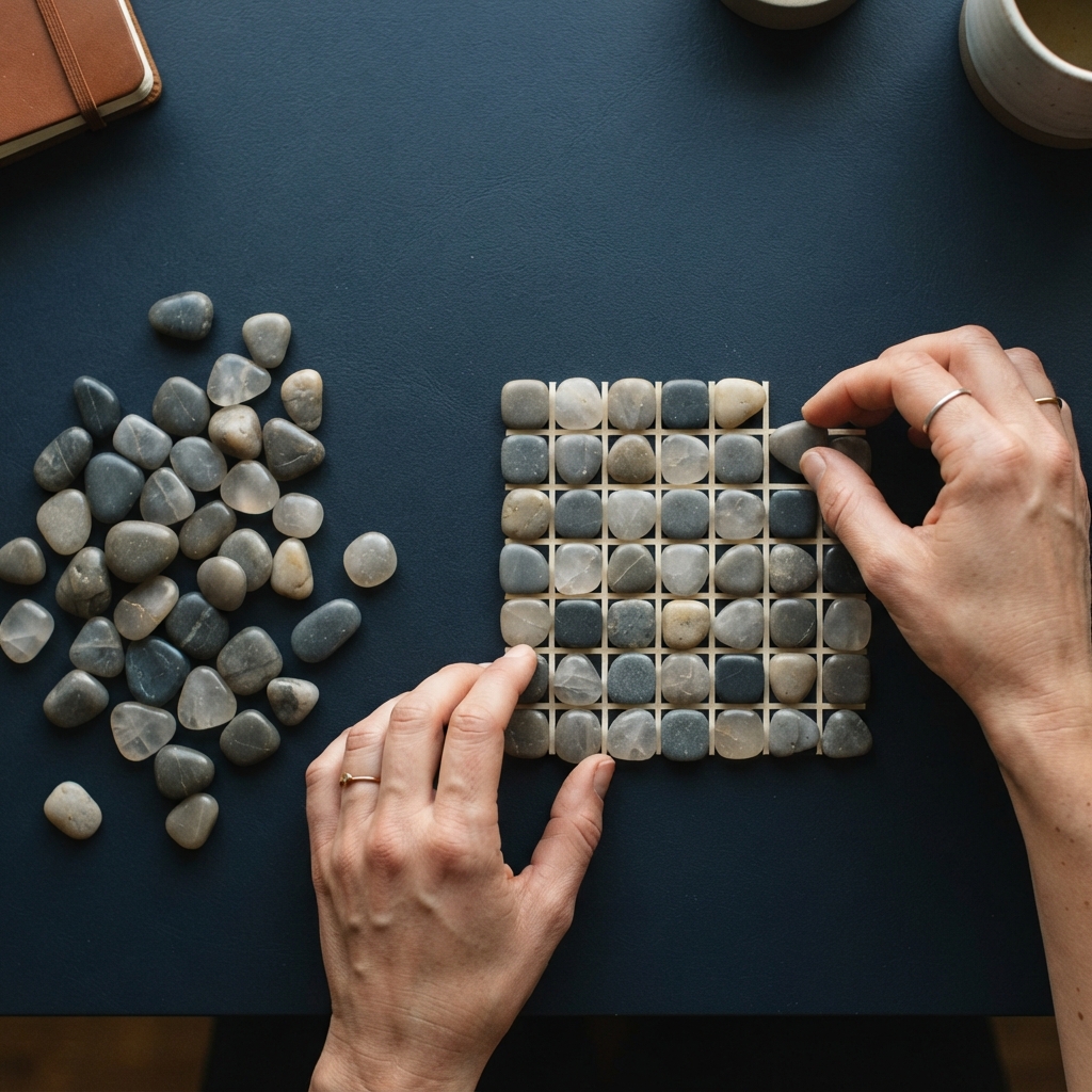 Hands arranging geometric pieces into an orderly grid