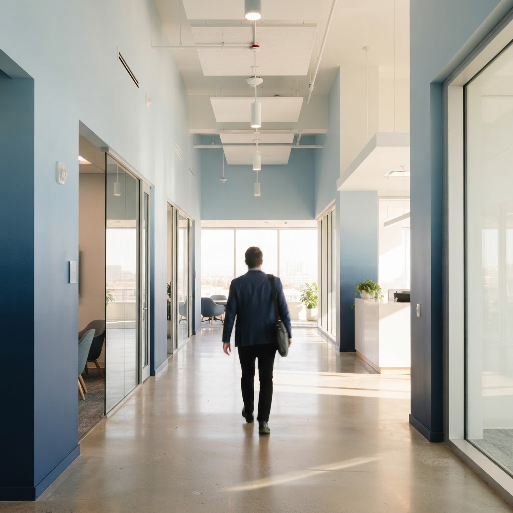 A person walking down a bright modern office hallway