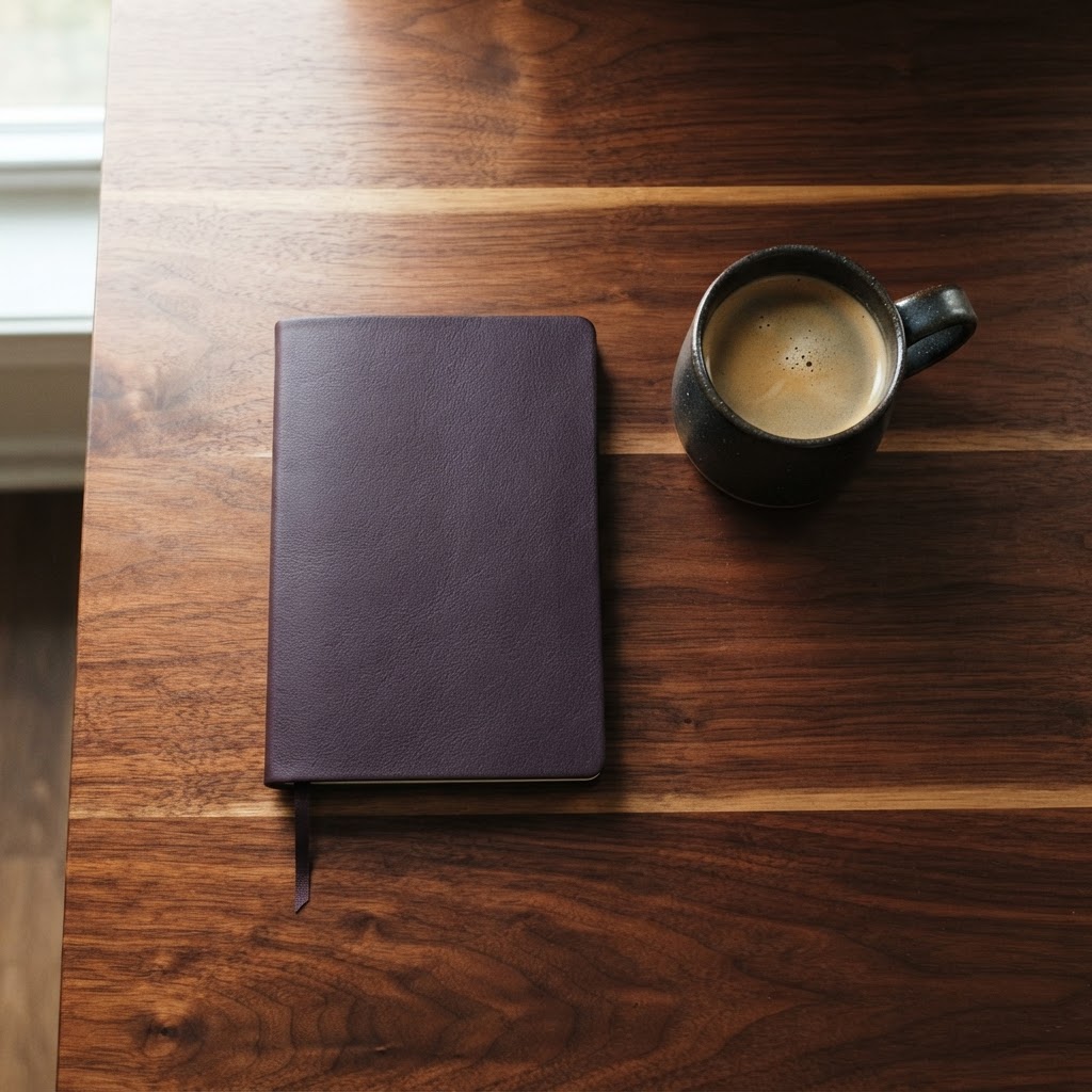 Clean minimalist desk with notebook and coffee