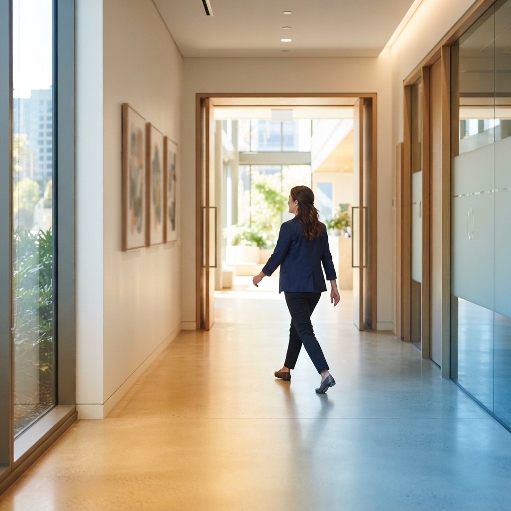 Person walking through a bright sunlit office hallway