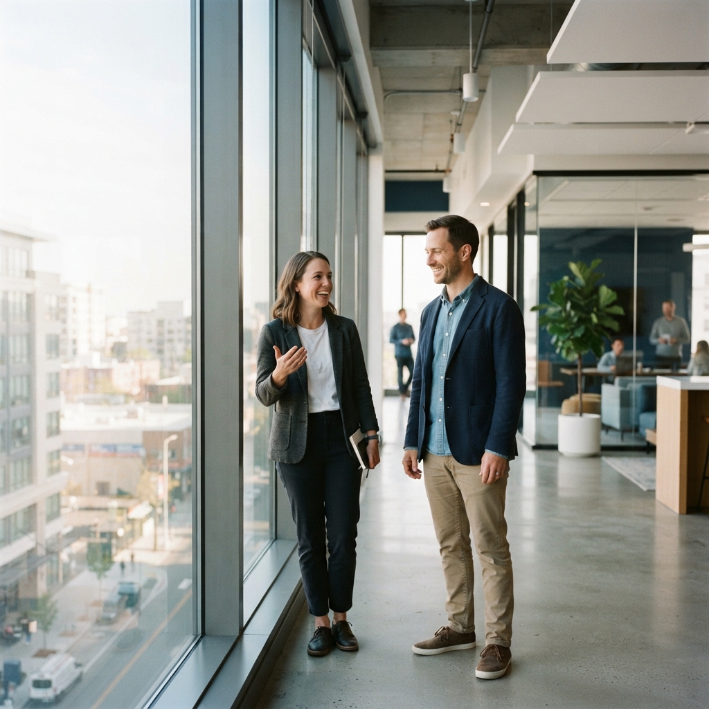 Two professionals talking in a bright office