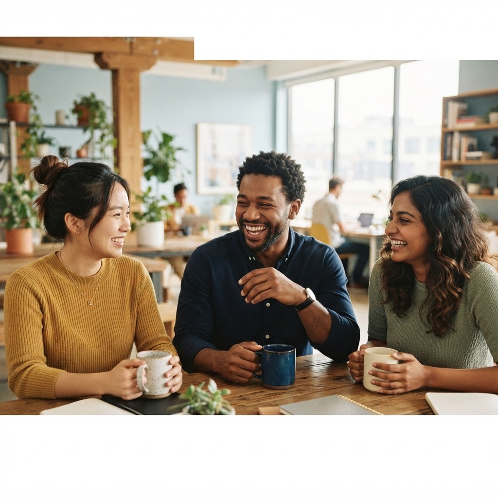 Team laughing together in a bright office