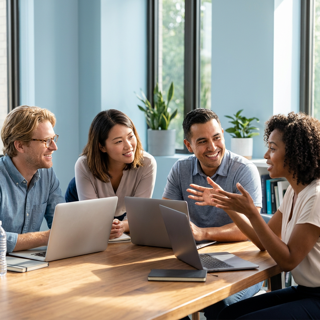 Small startup team collaborating at a table with laptops
