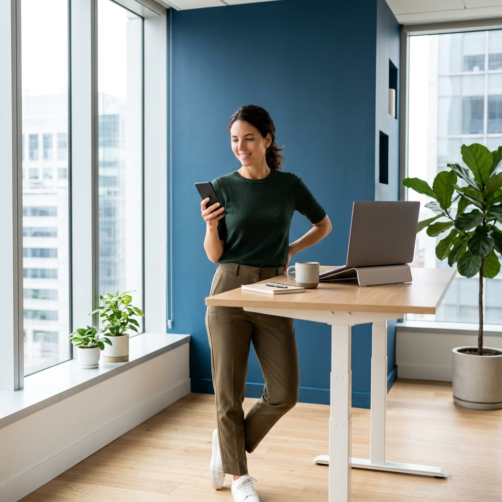 Operations lead checking mobile device at standing desk