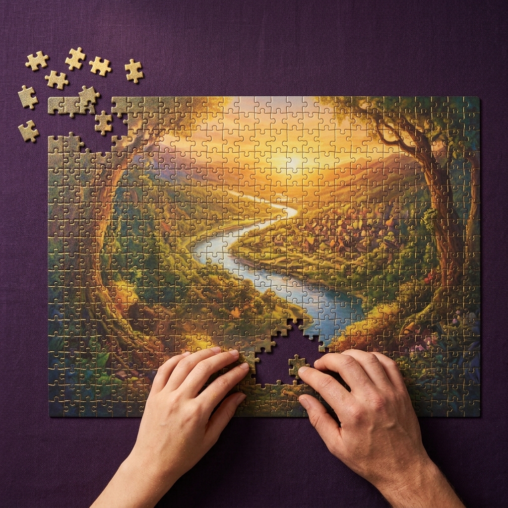 Puzzle pieces coming together to form complete picture