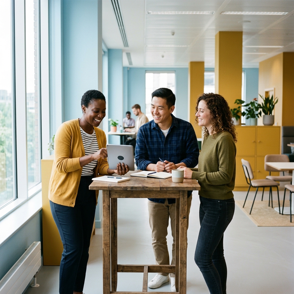 Three team members reviewing tablet together at standing desk