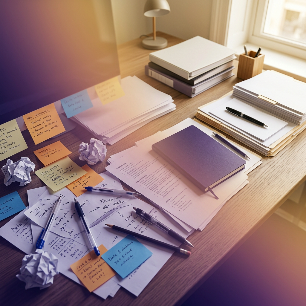 Scattered papers organizing into neat stacks transition