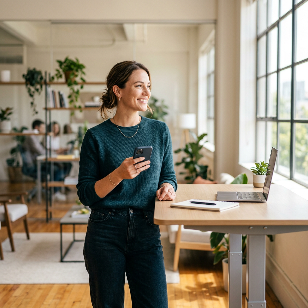 Relaxed professional at standing desk in sunlit office