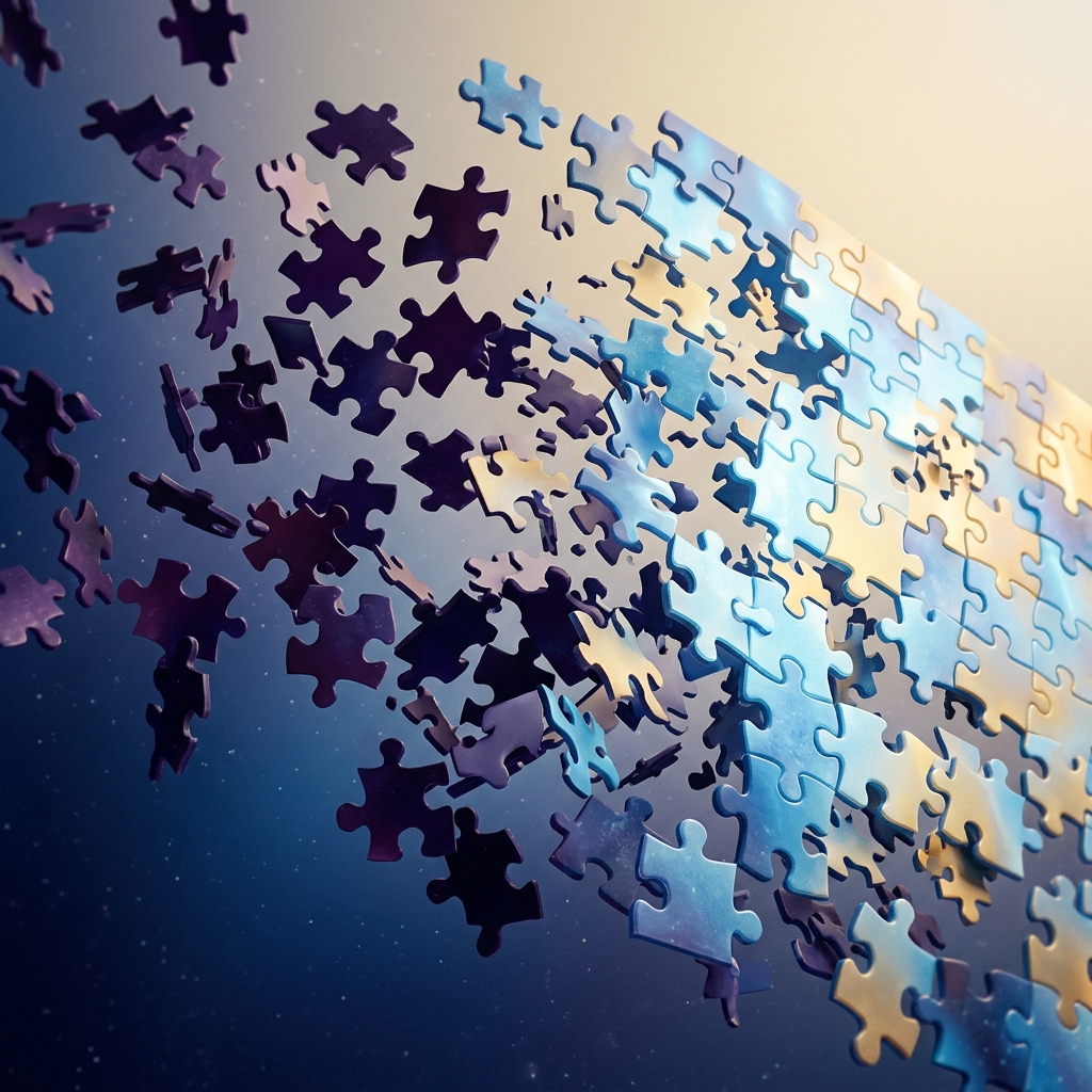 Puzzle pieces aligning from chaos to clarity