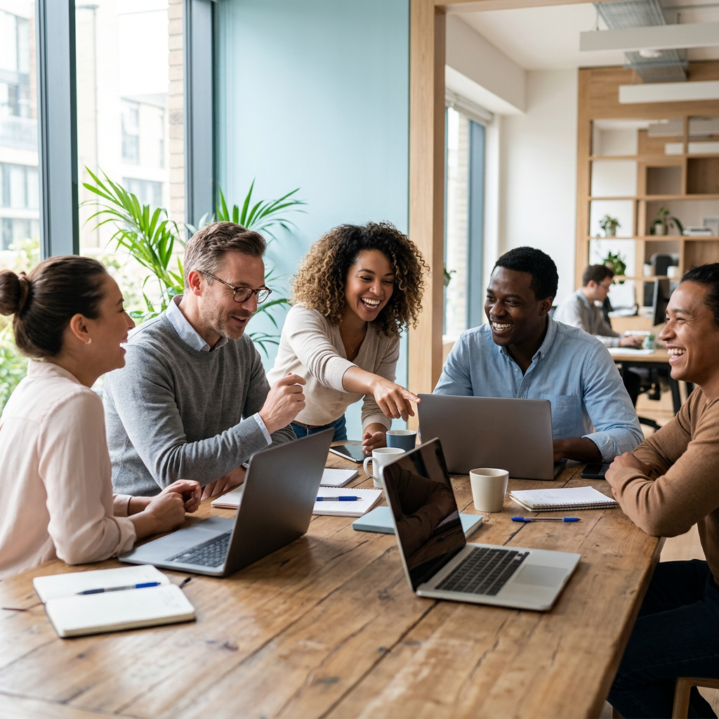 Team collaborating around table in bright office