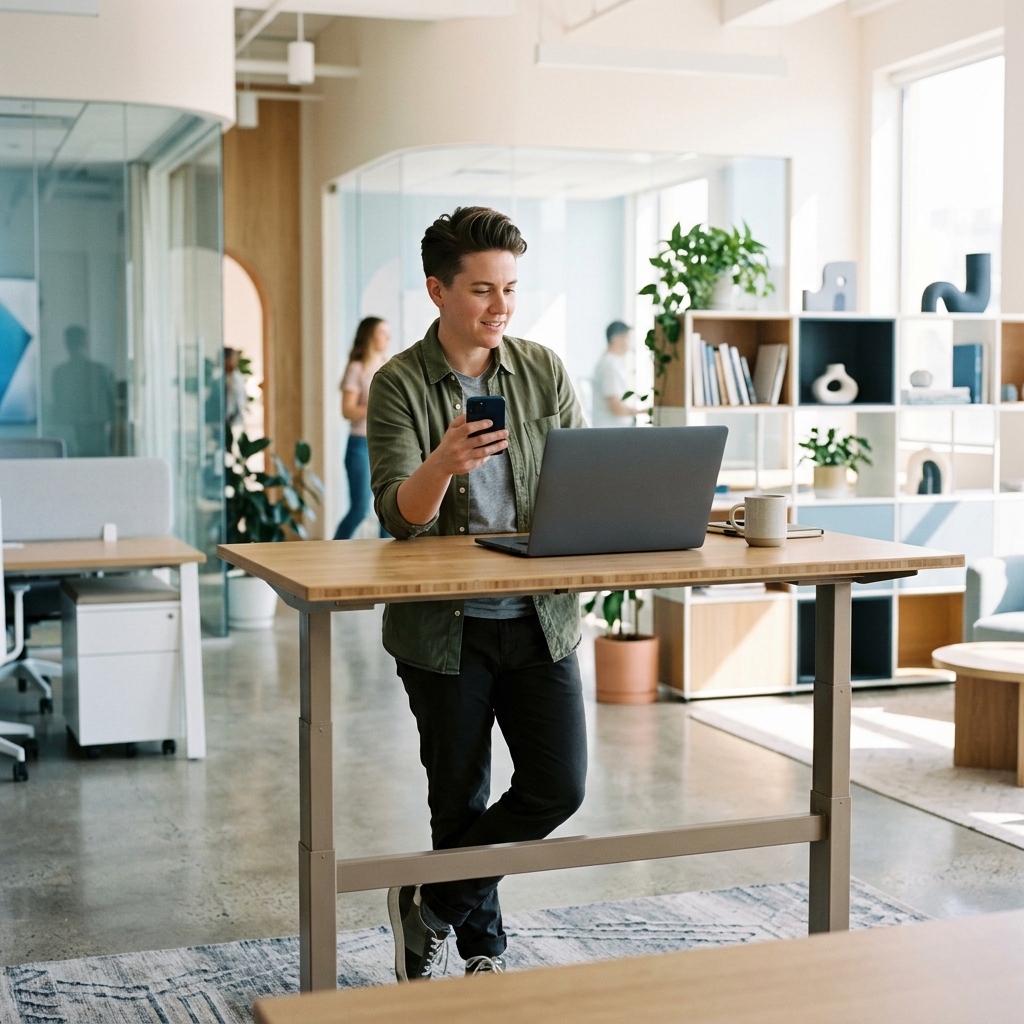 Founder at standing desk reviewing mobile device