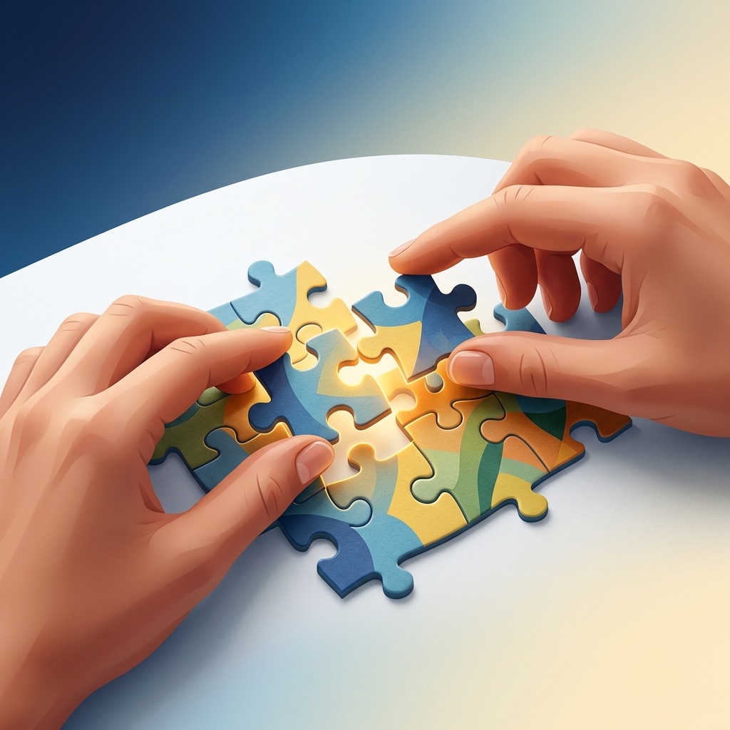 Puzzle pieces connecting together in focus