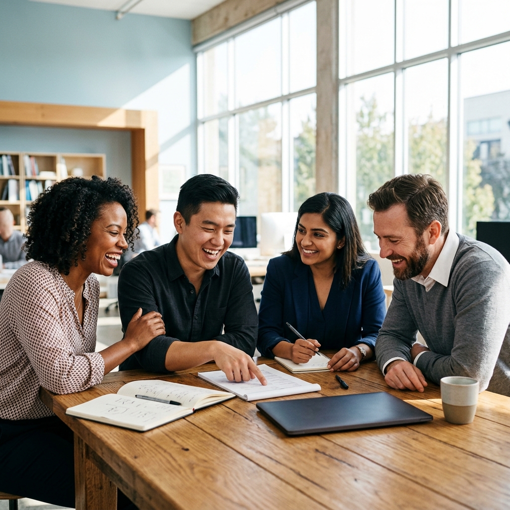 Team collaborating and laughing around a table