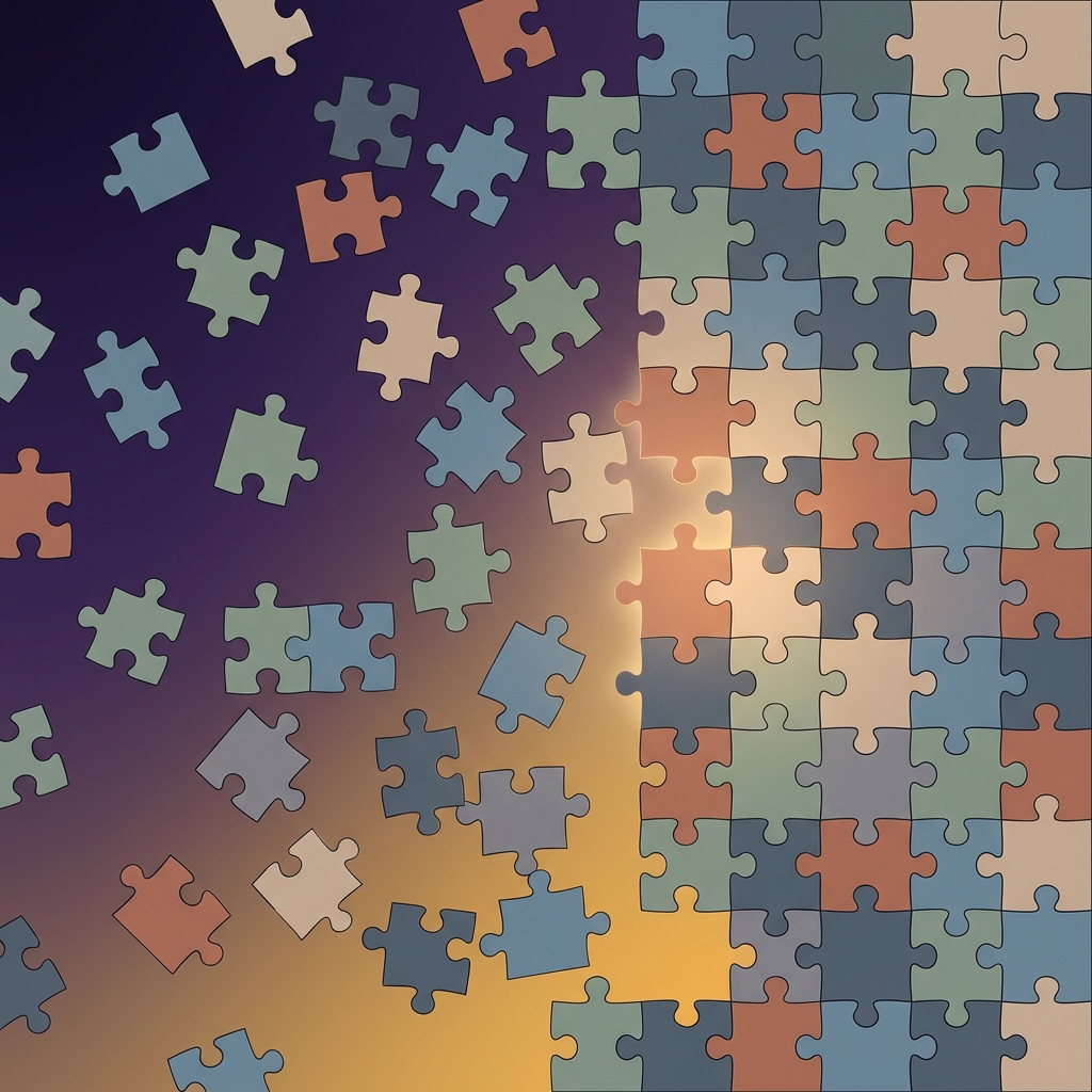 Puzzle pieces coming together in organized alignment