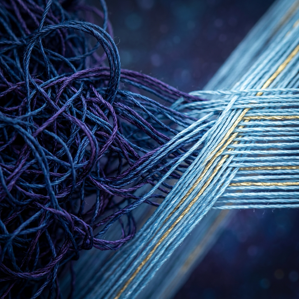 Tangled threads untangling into organized lines