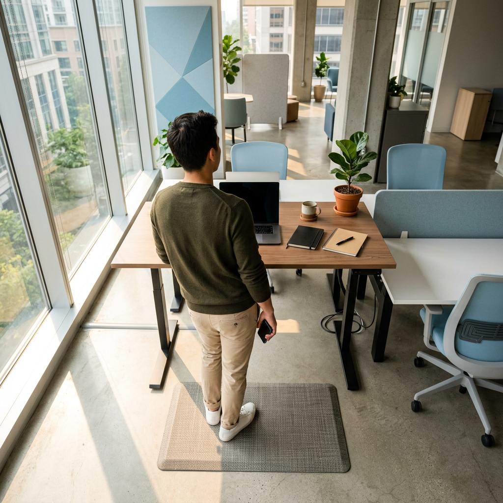 Person at a standing desk in a modern workspace
