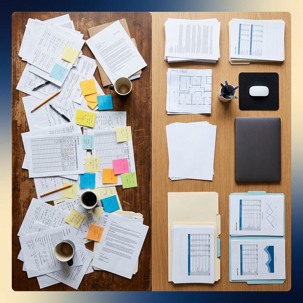 Chaotic paperwork transforming into organized digital order