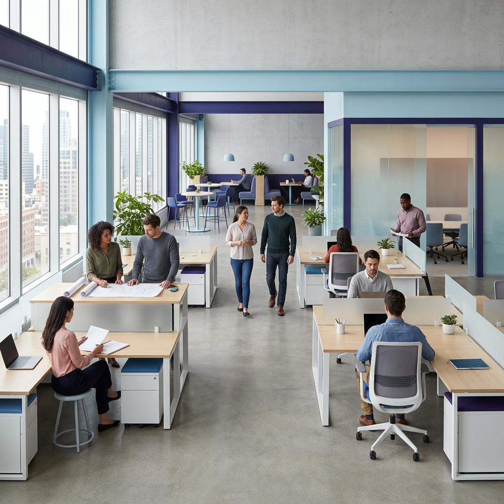 Organized growing team moving naturally through workspace