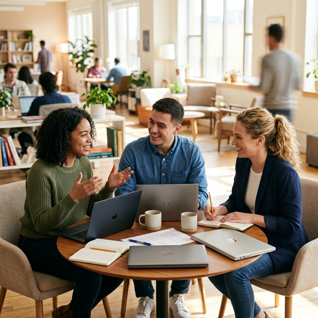 Small team collaborating around table with energy