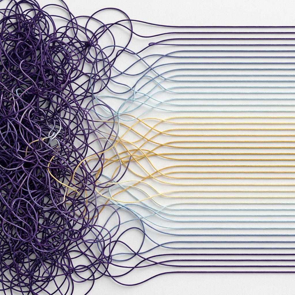 Tangled threads organizing into neat structured lines