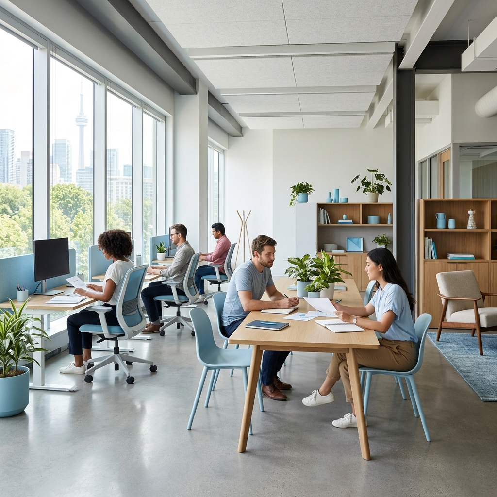 Modern Canadian office with calm, organized team