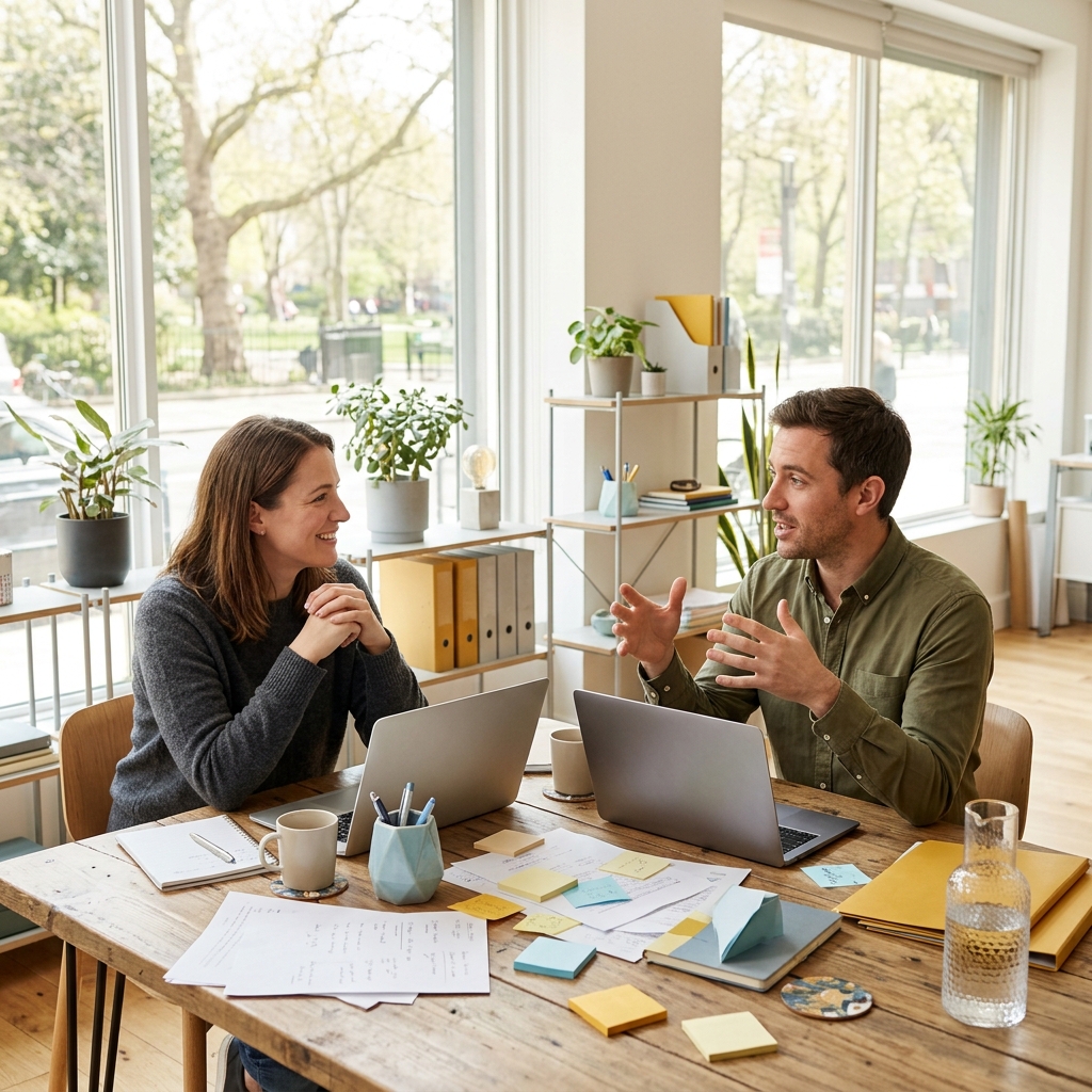 Two startup leaders collaborating over spreadsheets and notes