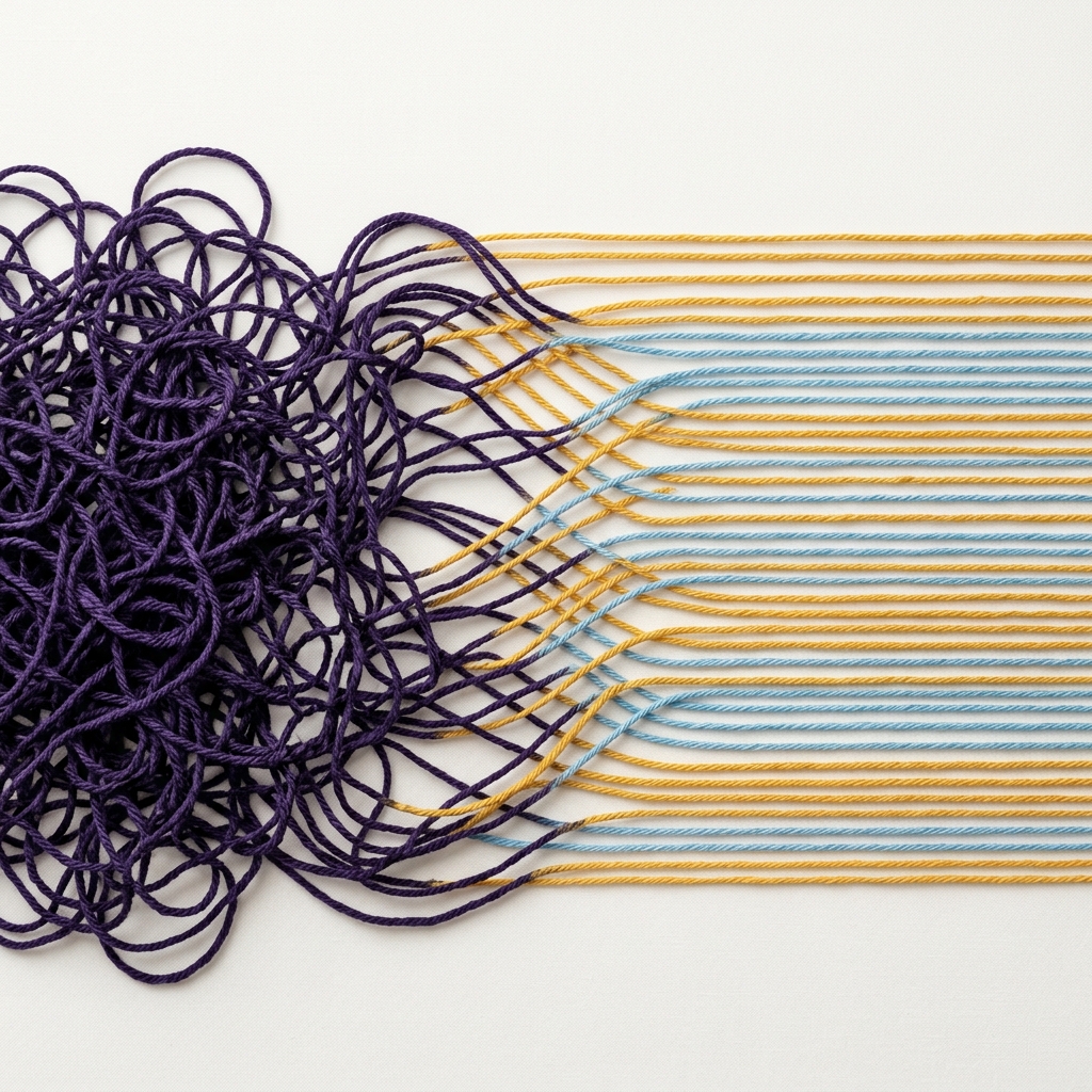 Tangled threads transforming into organized parallel lines