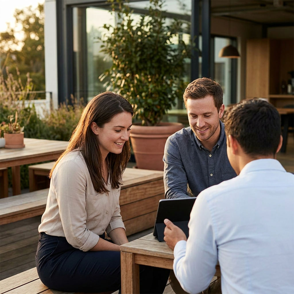 Small team gathered around laptop with ease and confidence