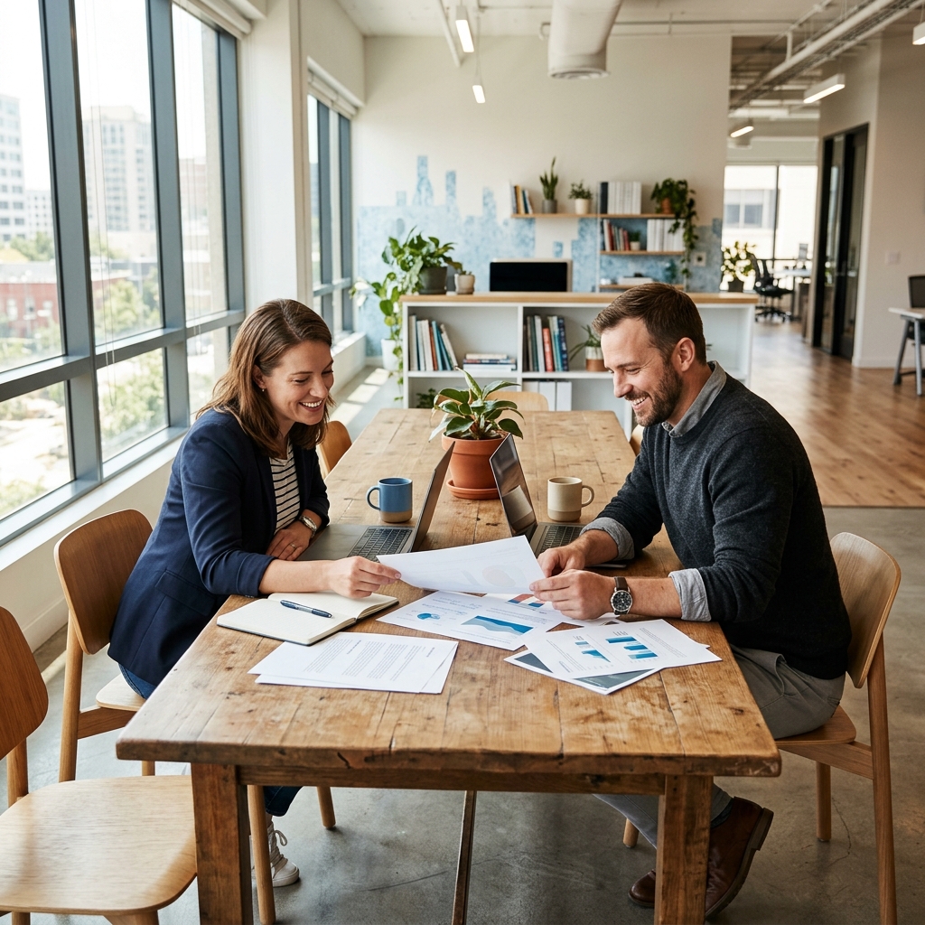 Founder and ops lead collaborating over leave management review