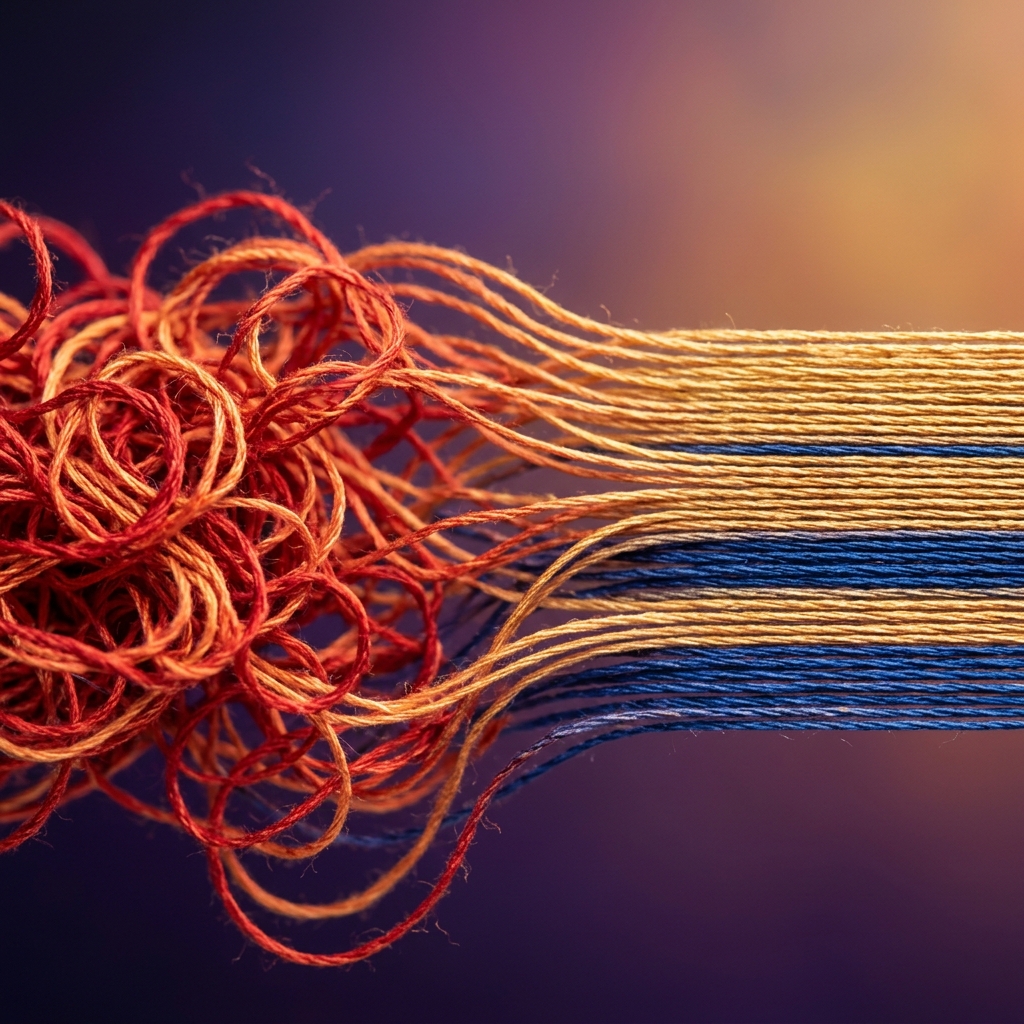 Tangled threads organizing into orderly structured pattern