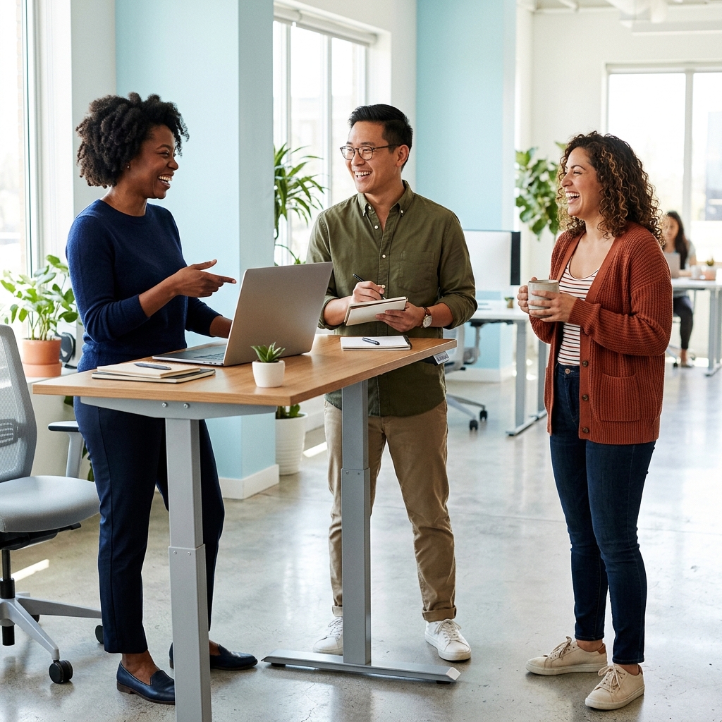 Small diverse team engaged in casual office discussion