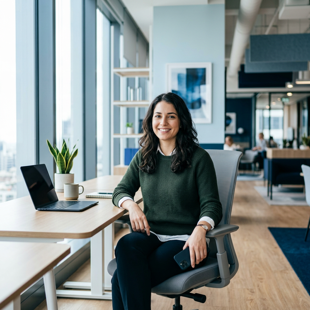 Employee confidently managing work from a modern desk