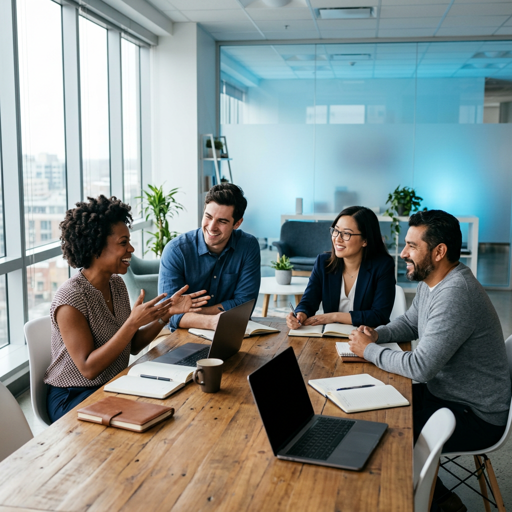 Four team members collaborating around a table in bright office