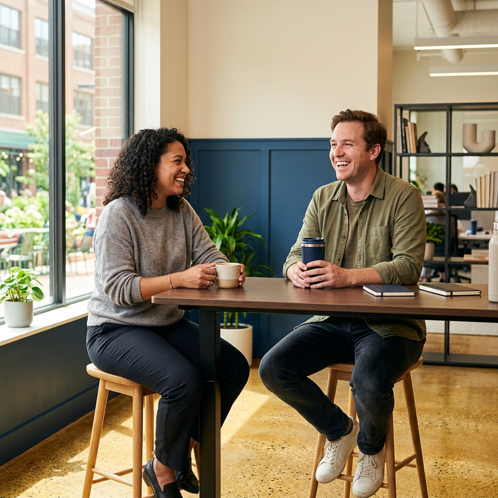 Founder and operations lead laughing together at standing desk