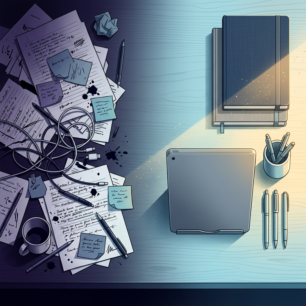 Transformation from cluttered desk to organized workspace