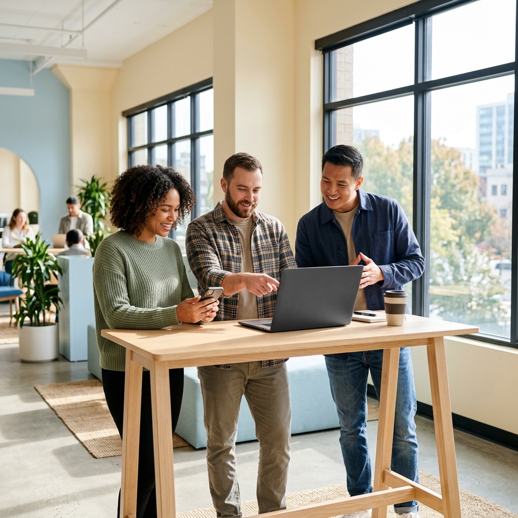 Small team collaborating confidently in bright workspace
