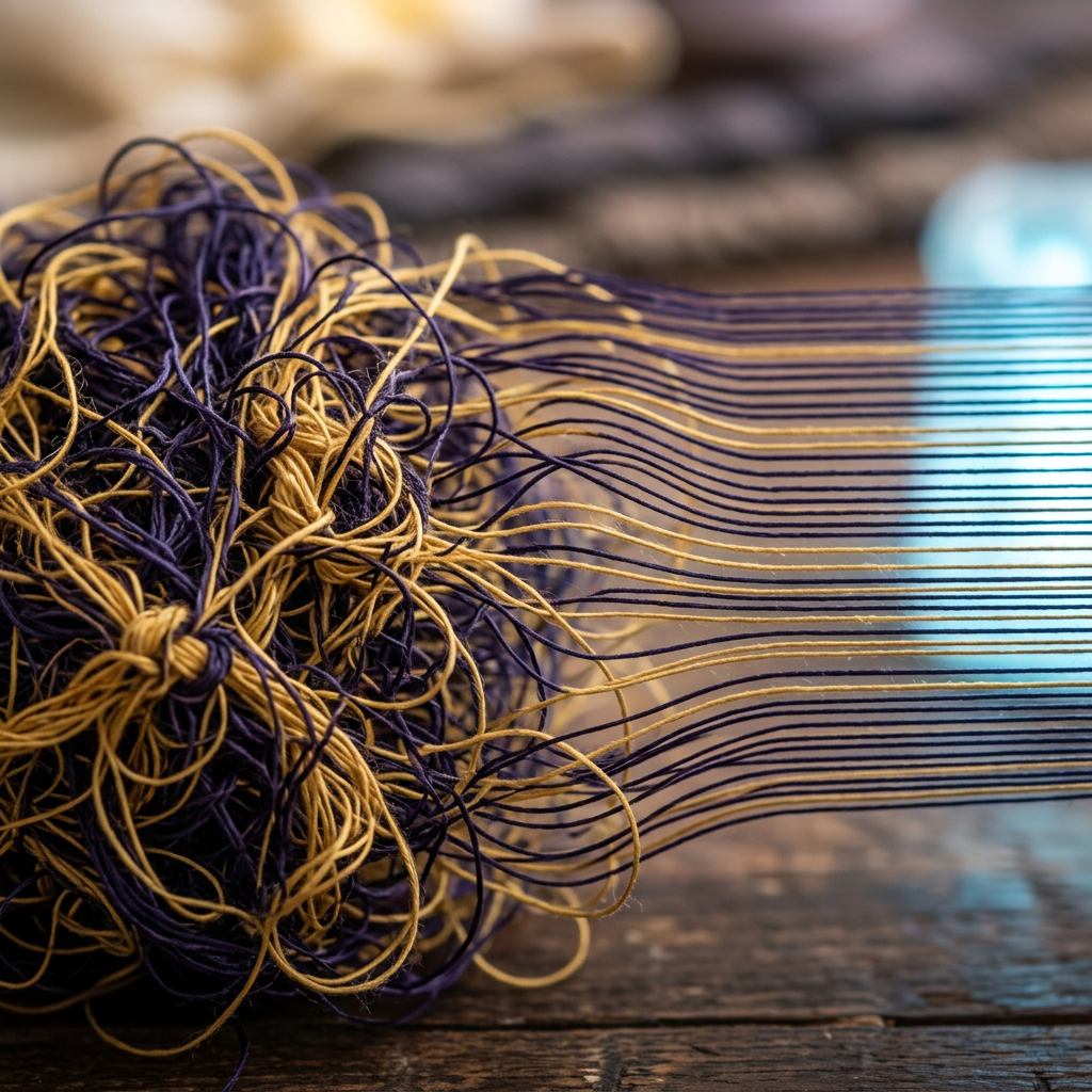 Tangled threads resolving into organized clarity