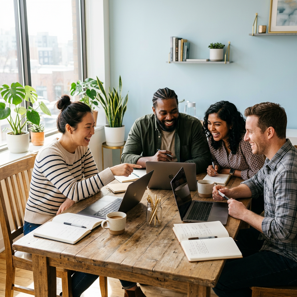 Small team collaborating and laughing around table