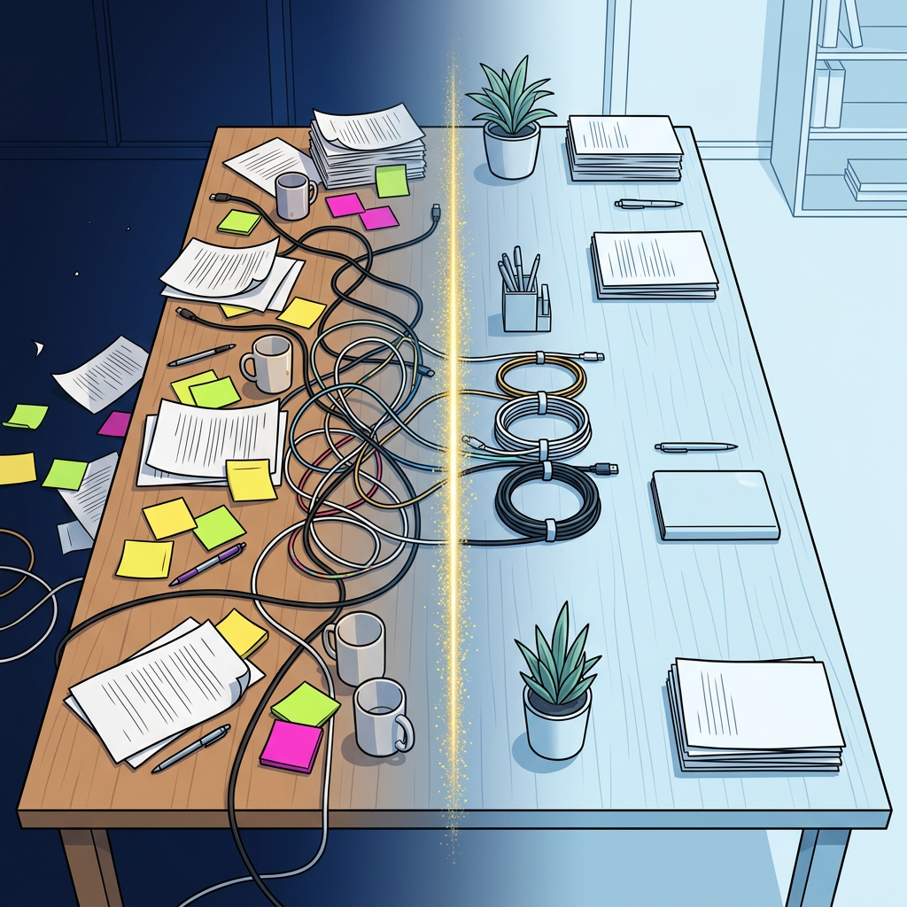 Messy desk transforming into organized workspace