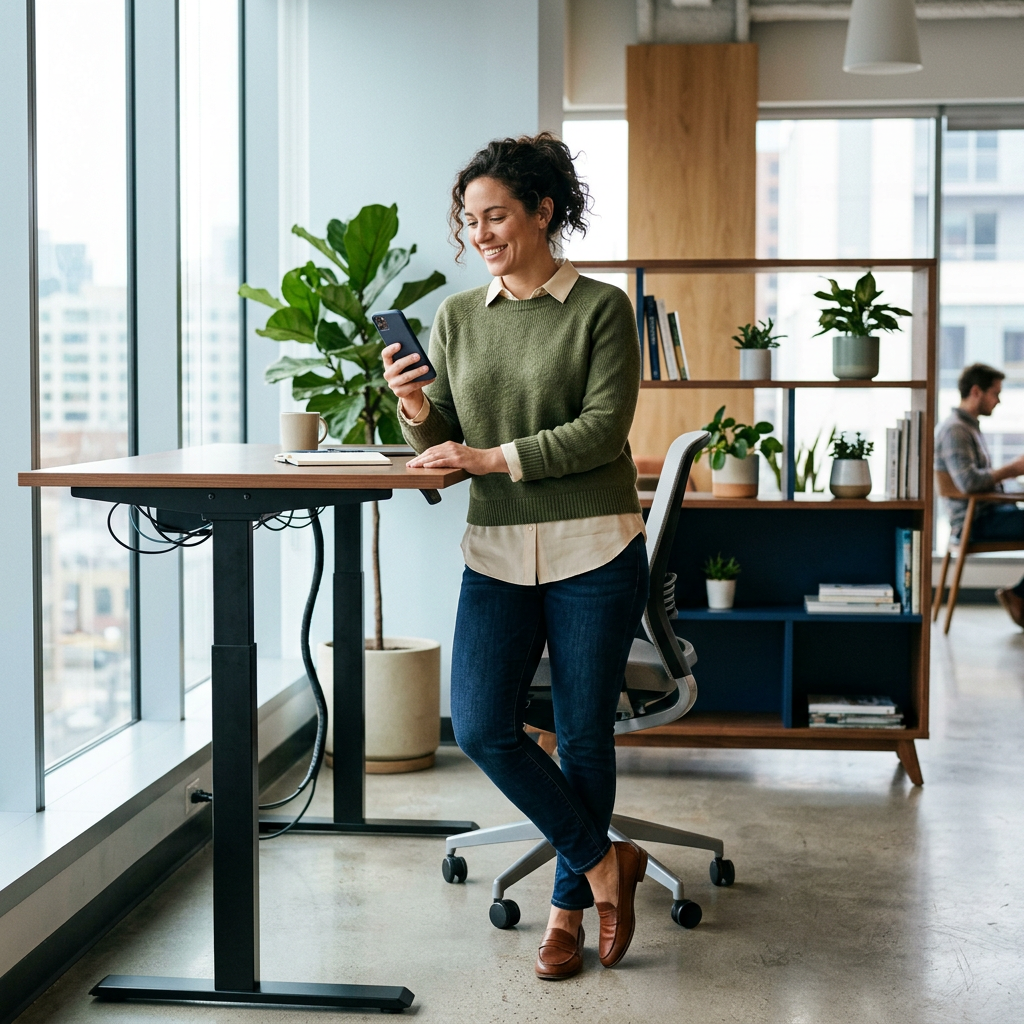 Operations lead checking phone at standing desk