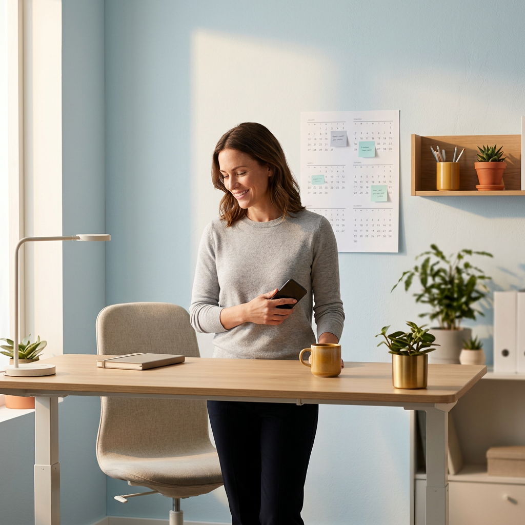 Ops lead confidently managing tasks from organized workspace