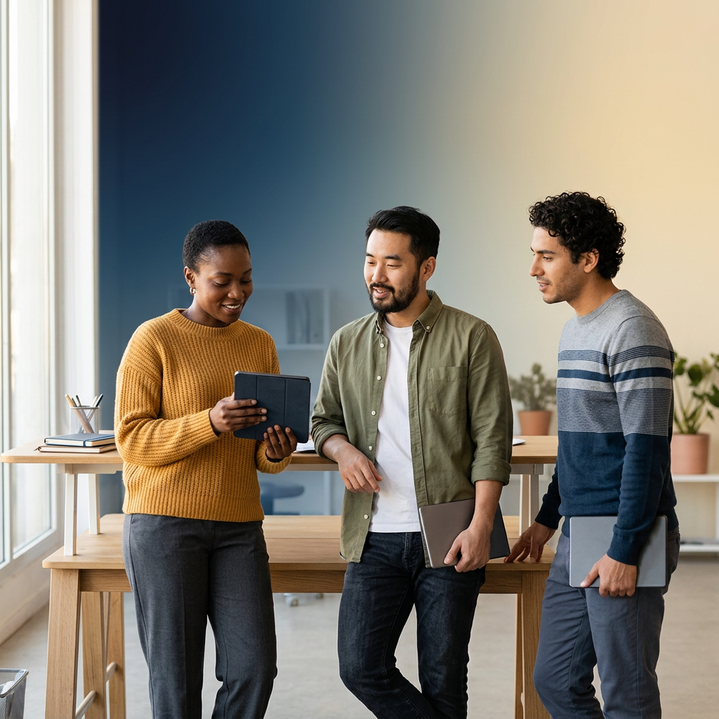 Three team members collaborating around standing desk with tablets
