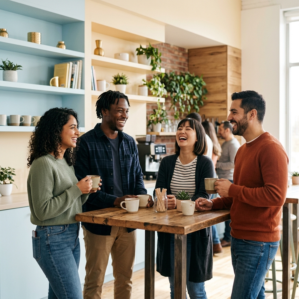 Team laughing together in bright, casual office breakroom