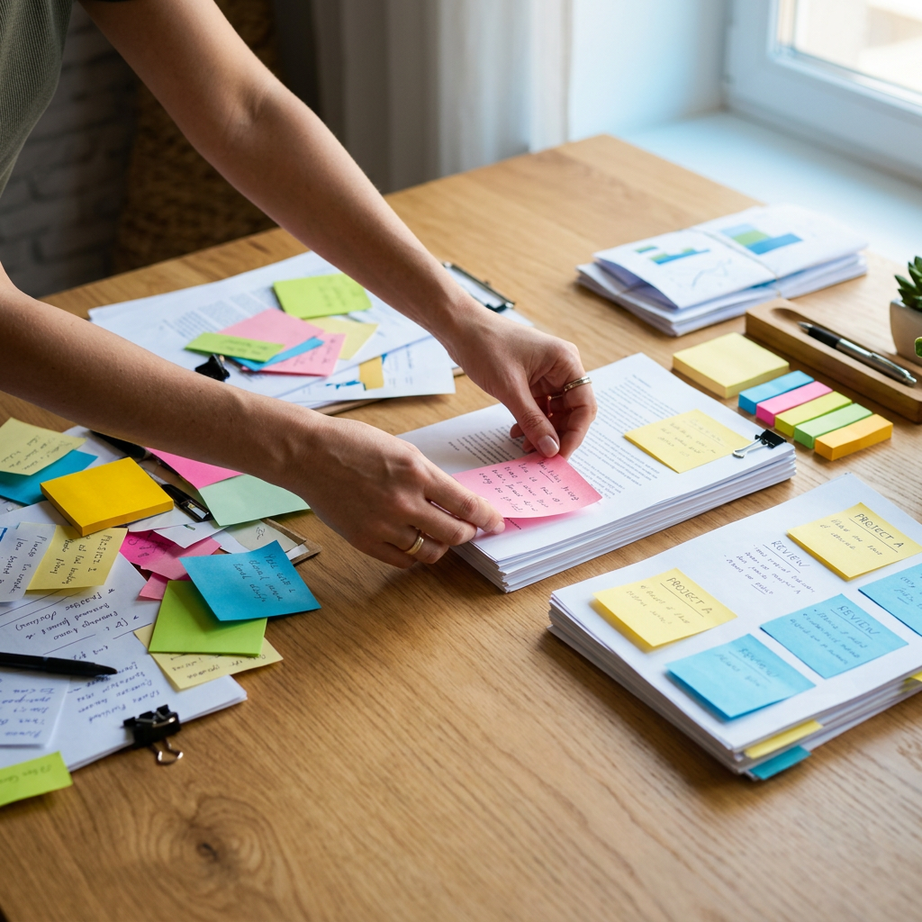 Scattered papers organizing into neat piles on desk