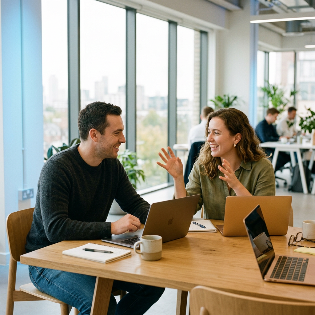 Founder and ops lead collaborating at desk