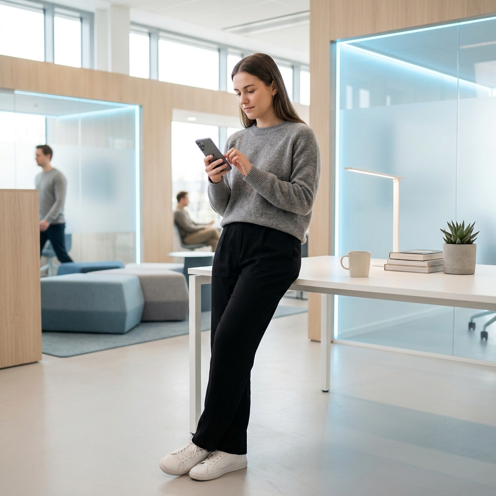 Employee confidently checking phone at modern desk